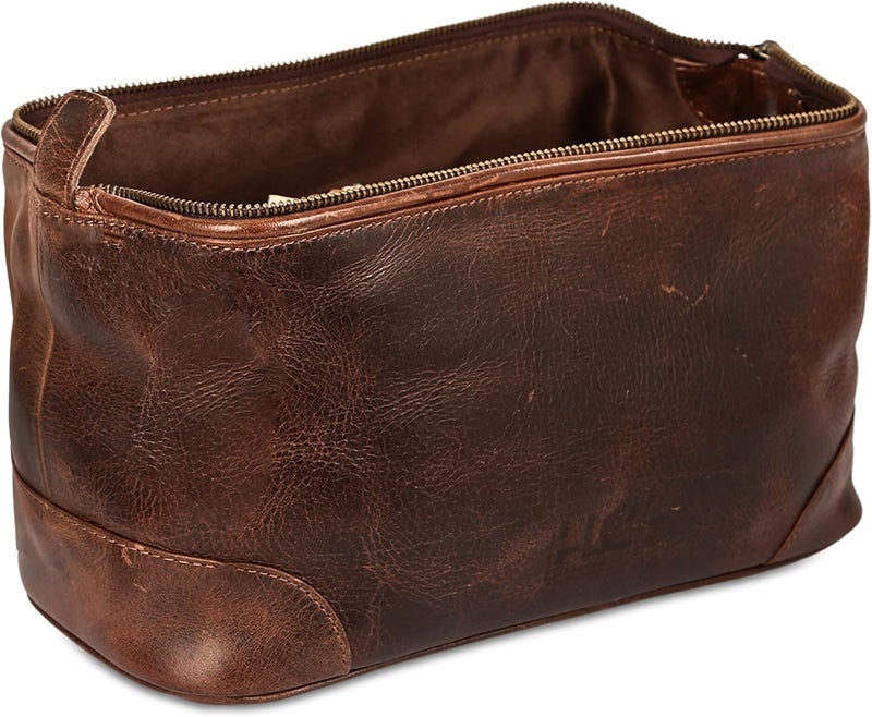 HLC Leather Toiletry Bag for Men Best Gift Premium Genuine Dopp Kit Shaving Kit Organizer Travel Kit Pouch Bag 10 inch Size (Brown) - Image 2